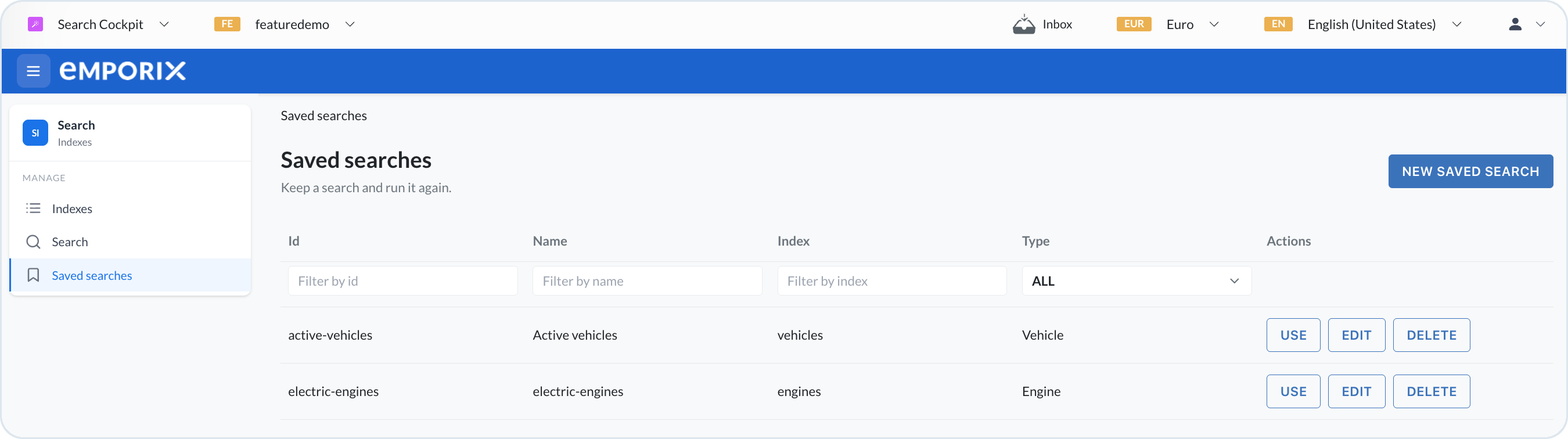Saved searches list