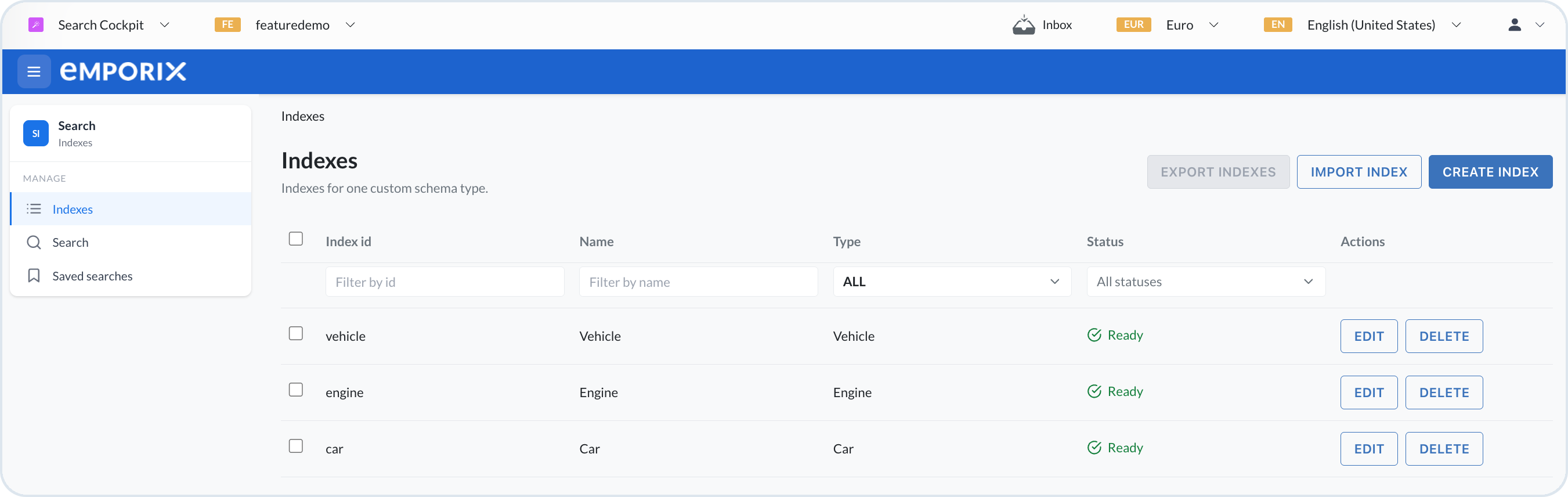 Search indexes list